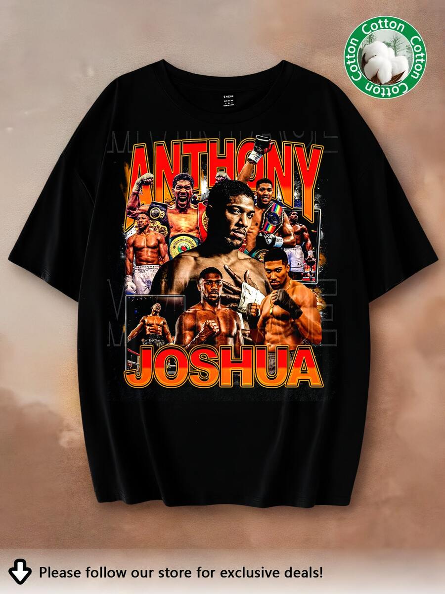 Anthony Joshua T-Shirt - High-Quality Custom Vintage Design, British Professional Heavyweight Boxer, Sizes For Adults And Kids - 黑色 - 查看 1