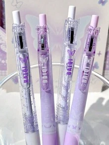 4pcs. Dreamy Purple Mist Fairy Butterfly Clickable Neutral Pens. 0.5mm Tip. Black Ink. Transparent Gradient Shell, Premium Fashionable Black Ballpoint Pens. Suitable For Diary Writing And Project Writing. Perfect For Student Exams And Practice. Perfect For Back To School Season. - Purple Mist - View 6