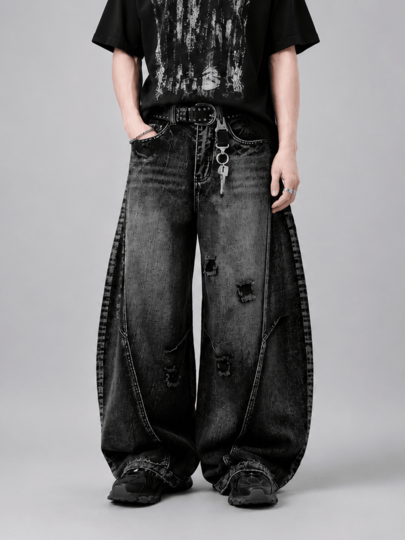 1pc Hearty Haven Men's Vintage Distressed Loose Relaxed Fit Flare Leg Jeans, Casual Streetwear Wide Leg Pants (No Accessories - Size Guide Included)