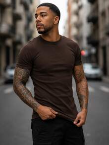 American Ribbed Fitted T-Shirt, Gringa Style, Slim Fit, Casual, Premium Men's Spring/Summer - Rust Brown - View 3