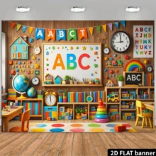 2D Flat Playful Learning Theme Party Banner Background, ABC Letter Theme, Featuring Globe, Clock, Building Blocks, Picture Books, Rainbow And More Rich Learning And Playful Elements, No Power Required - 1 - View 7