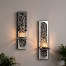 2-Piece Crystal Mirror Wall Candle Holder Set, Gold Silver Wall Sconce Decor For Living Room (No Power Source, No Candles.) (No Power Source, No Candles.) - 定制滿鑽銀 - 查看 2