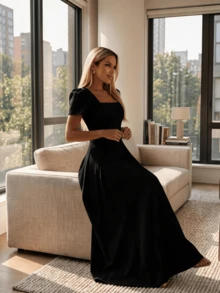 Long Dress With Short Sleeves, Square Neckline, Solid Color, Elegant, Sizes S M L - Black - View 4