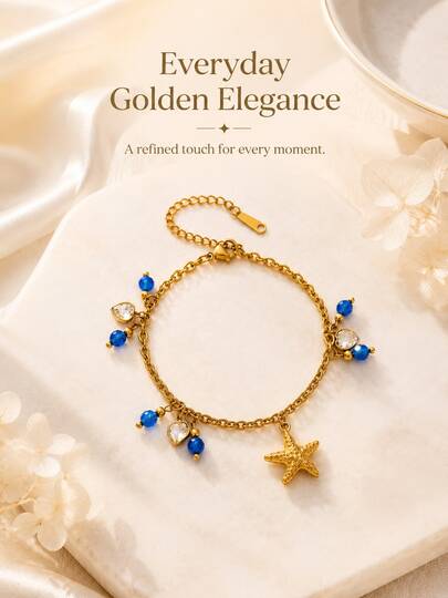 Pulsera de mujer de acero inoxidable 304 chapada en oro de 18K con colgante de cristal en forma de corazón y estrella de mar oceánica, cadena dorada y cuentas azules, cadena de extensión ajustable, estilo elegante para vacaciones de verano, uso diario, regalo de joyería para capas