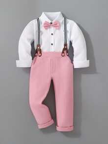 Young Boy Spring/Autumn New Bow Tie Shirt, Solid Color Vest, Straight Leg Pants 3-Piece Gentleman Suit Set, Suitable For Banquets, School Opening Season, School Events, Parties, Performances And Other Formal Occasions - Pink - View 4