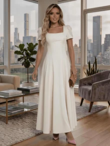 Long Dress With Short Sleeves, Square Neckline, Solid Color, Elegant, Sizes S M L - Beige - View 2