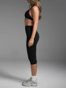 1pc Solid Color Tummy Control Butt Lifting Shaping Mid-Length Sports Shorts Black - Black - View 4