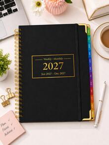 BUBU 2027年計畫本，週計畫與月計畫排版日程本，附彩色索引標籤、筆記頁與優先順序管理，年度規劃，返校用品，辦公用品 - 黑色 - 查看 2