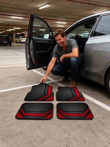 4pcs Universal Red Striped Car Floor Mats, Waterproof Anti-Slip Rubber Bottom, Stain-Resistant Wear-Resistant Trimmable, Suitable For Sedans, SUVs, Trucks, Daily Driving Vehicle Interior Protection - A - View 1