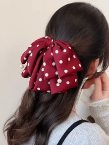 1件女款復古酒紅波點大蝴蝶結髮夾，緞面垂墜珍珠優雅頂夾，浪漫甜美風髮飾，適合婚禮、約會、晚宴及溫柔半紮髮型 - 彩色 - 查看 3