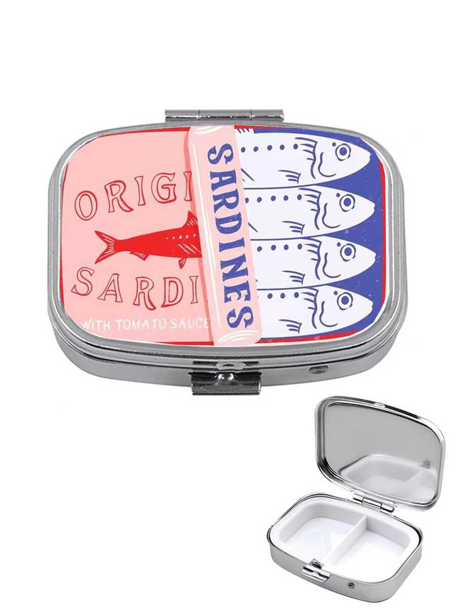 Vintage Sardine Pattern Square Pill Box - Compact Dual-Compartment Pill Storage Box, Suitable For Home And Travel - Unique Gift For Pocket And Handbag / Mini Metal Round Pill Box / Divided Jewelry Storage Box / Mother's Day Gift, Gift For Family - Multicolor - View 1