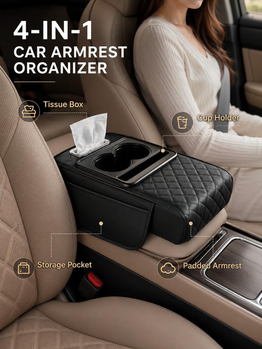 4-In-1 Car Armrest Box Heightened Storage Organizer, Car Interior Decoration Accessory Center Console Pad With Side Pocket + Cup Holder, Multi-Function Storage, Fits Most Car Models, Tissue Box Style - Multicolor - View 1