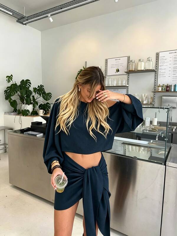 Summer Fashion Elegant Sexy Beach Vacation Style Breathable Asymmetric Neckline Cold Shoulder Top & Tie-Up Bodycon Mini Skirt Set