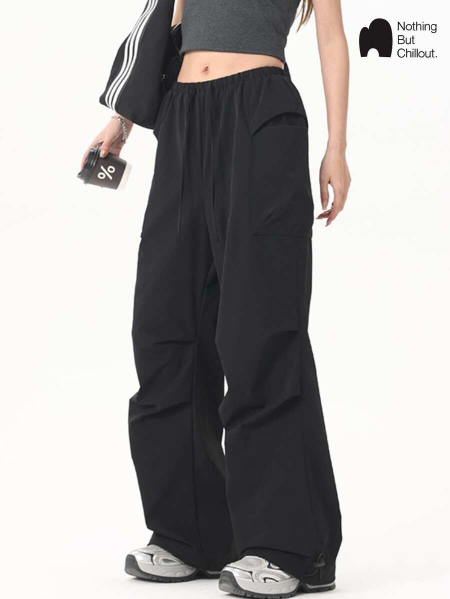 NBCT Women's Spring/Summer Outdoor Cargo Pants With Elastic Drawstring, Multiple Pockets, Adjustable Hem, Multi-Color Options, Versatile Long Pants For Daily Commute, Hiking, Cycling, Travel - Black - View 1