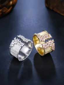 1pc Light Luxury Two-Tone Zirconia Inlaid Retro Brushed Open Wide Band Ring For Women & Couples, Versatile Summer Accessory For Daily, Parties - Diamond-set Brushed Texture - View 1