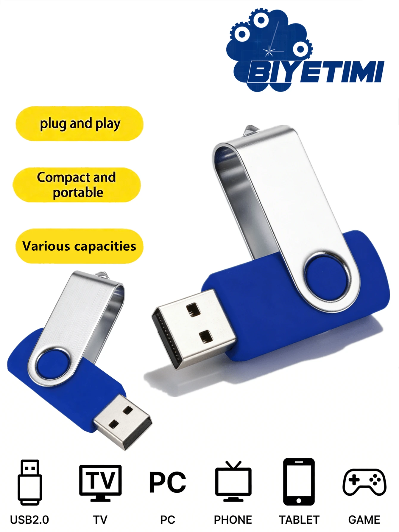 BIYETIMI 高速 64GB/32GB/8GB USB 2.0 闪存盘,超大容量 - 藍色 - 查看 1