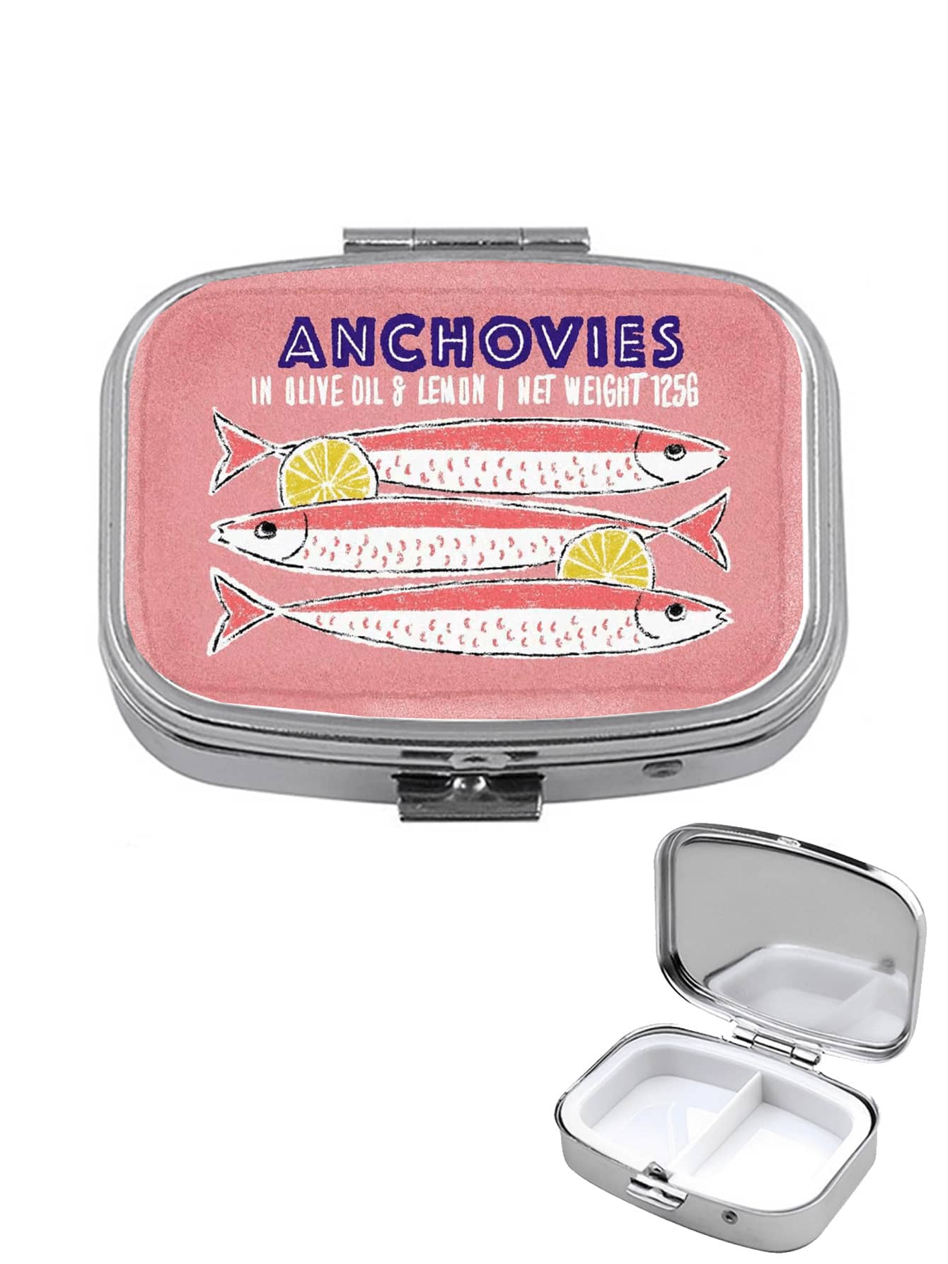 Vintage Sardine Pattern Square Pill Box - Compact Dual-Compartment Pill Storage Box, Suitable For Home And Travel - Unique Gift For Pocket And Handbag / Mini Metal Round Pill Box / Divided Jewelry Storage Box / Mother's Day Gift, Gift For Family - Multicolor - View 1