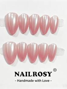 nailrosy 10片手工穿戴式假指甲 柔粉裸色 杏仁形 美人魚閃光 簡約優雅 女士日常美甲 - 粉色 - 查看 12