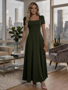 Long Dress With Short Sleeves, Square Neckline, Solid Color, Elegant, Sizes S M L - 軍綠色 - 查看 2