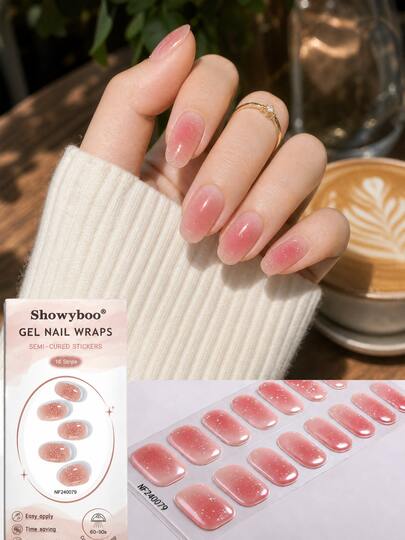 Stiker Kuku Gel Semi-Kering Showyboo 16pcs, Gaya Korea Manis, Gradien Warna Merah Muda, Desain Glitter Perak, Stiker Kuku Full Coverage, Tahan Lama dan Awet, Sempurna untuk Piknik, Perjalanan, Pemotretan, dan Pakaian Liburan Pantai
