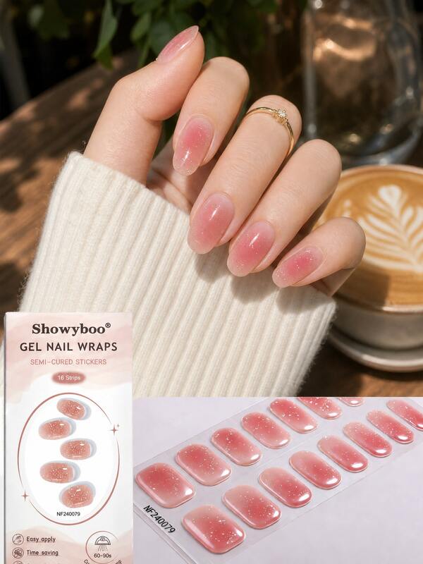 Showyboo Semi-Cured Gel Nail Stickers 16pcs, Sweet Korean Style Blush Gradient Silver Glitter Design Full Coverage Nail Stickers, Long-Lasting And Durable, Perfect For Picnic, Travel, Photo Shoots And Beach Vacation Outfits