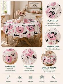 1 pieza Mantel de Halloween rosa claro, estampado de lazo femenino, fantasma, murciélago negro y calabaza rosa con borde ondulado, decoración linda y espeluznante para fiesta de Halloween, hogar, cocina y comedor - Multicolor - Ver 3