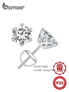 BAMOER Moissanite Wedding Earrings, Platinum Plated Brilliant Cut Round Lab Grown Diamond 925 Silver Earrings, For Women - Silver - View 3