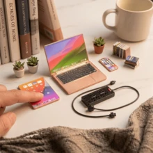 2nd Gen Exquisite Miniature Rose Gold Model Set - Includes Micro Laptop, Tablet, Smartphone, Power Strip & Cable Models. Realistic Detailed Mini Scene For Home Office Desk Decor, Bookshelf Display, Photography Prop. Collectible & Ideal Gift. - 5Pcs - View 3