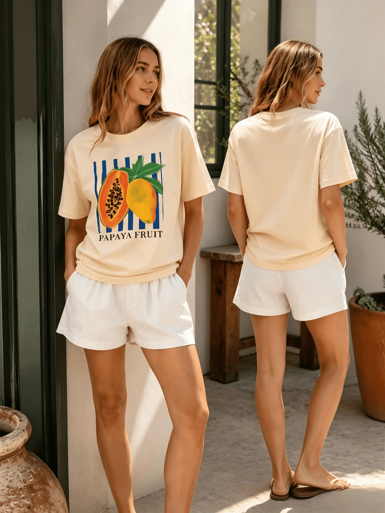 2026 Summer Women Round Neck Tee, Watercolor Papaya Mango Print, Soft Breathable Casual Top Daily Vacation, Free Shipping Ship In 24H. - 杏色 - 查看 1