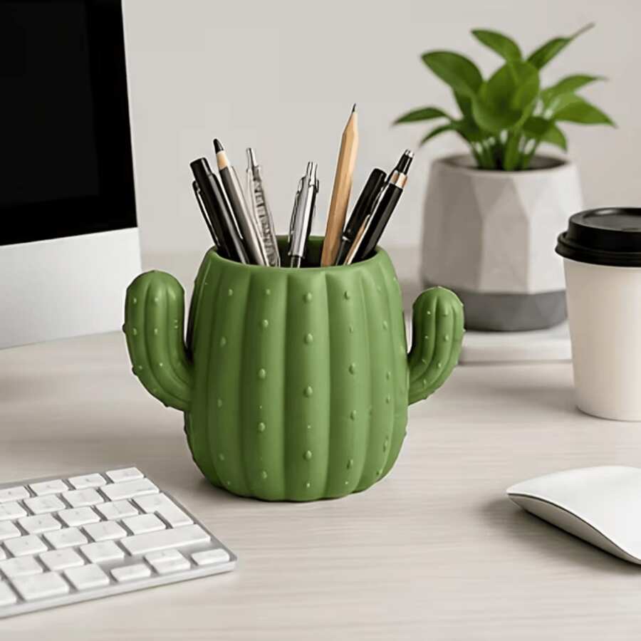 3D Printed Pen Holder, Creative Cactus Design, Desktop Storage, Can Store Pens, Markers, Scissors And Rulers, Japanese Style Stationery Storage Can, Creative Office Desk Accessory, Makeup Brush Holder, Suitable For Home Office, Study, Vanity, School And Other Places. Suitable For Home Decor, Back To School Season.