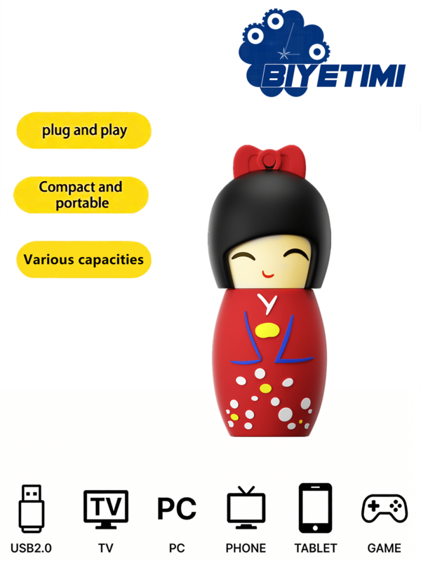 Unidad flash USB de 128GB de Biyetimi con patrón de moño, unidad flash USB de 64GB 2.0 con dibujos animados, unidad flash USB de 32GB 64GB, regalo para niñas