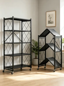 Foldable Multi-Layer Floor Storage Rack - No-Assembly Folding Floor Stand With Universal Casters, Movable, Space-Saving, Sturdy And Durable, Available In Multiple Sizes, Ideal For Storage And Organization In Kitchens, Living Rooms And Studies - Multiple Specifications - View 2
