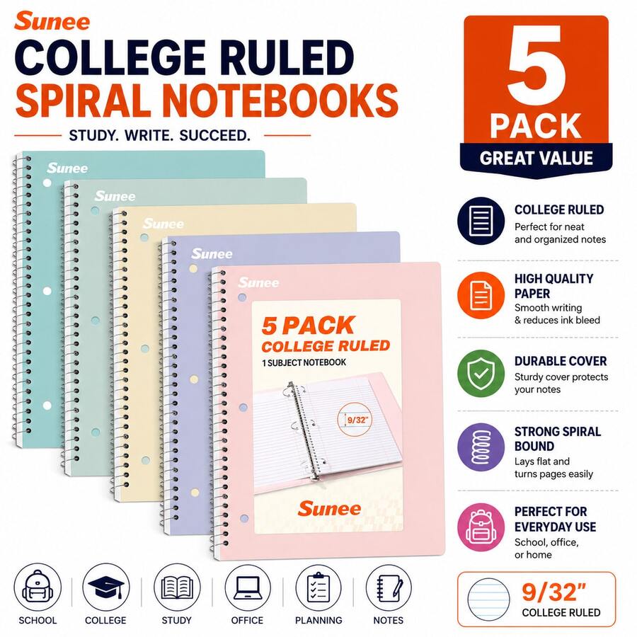 SUNEE Spiral Notebooks, 1-Subject, 5 Pack, College Ruled Paper, 8" X 10-1/2", 70 Sheets Per Notebook,3-Hole Punched Paper, Pink,Purple, Blue, Green, Yellow Spiral Lined Notebooks For School,Work - 套裝 - 查看 1