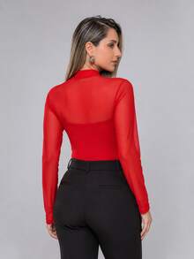 Women's Long-Sleeved Tulle Blouse With Elegant High Neck - Casual And Fashionable, Simple, Transparent, No Holidays, Nightwear, All Seasons - 紅色 - 查看 3