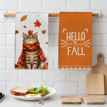 MEMNUN 2 Pcs Autumn Cute Striped Scarf Cat Print Pattern Kitchen Towel Dishcloth, Ultra-Fine Microfiber Polyester Material, Autumn Maple Leaf Pumpkin Hello Fall Decorative Hand Towel, Thanksgiving Home Fabric Hanging Towel, Home Decor, Kitchen Decor, Fall Decor, Suitable For Restaurant, Kitchen, Home Decoration And Gift, 40*60cm/45*70cm - Multicolor - View 6