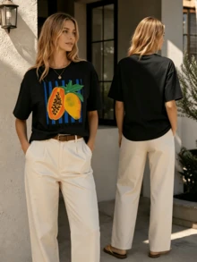 2026 Summer Women Round Neck Tee, Watercolor Papaya Mango Print, Soft Breathable Casual Top Daily Vacation, Free Shipping Ship In 24H. - 黑色 - 查看 1