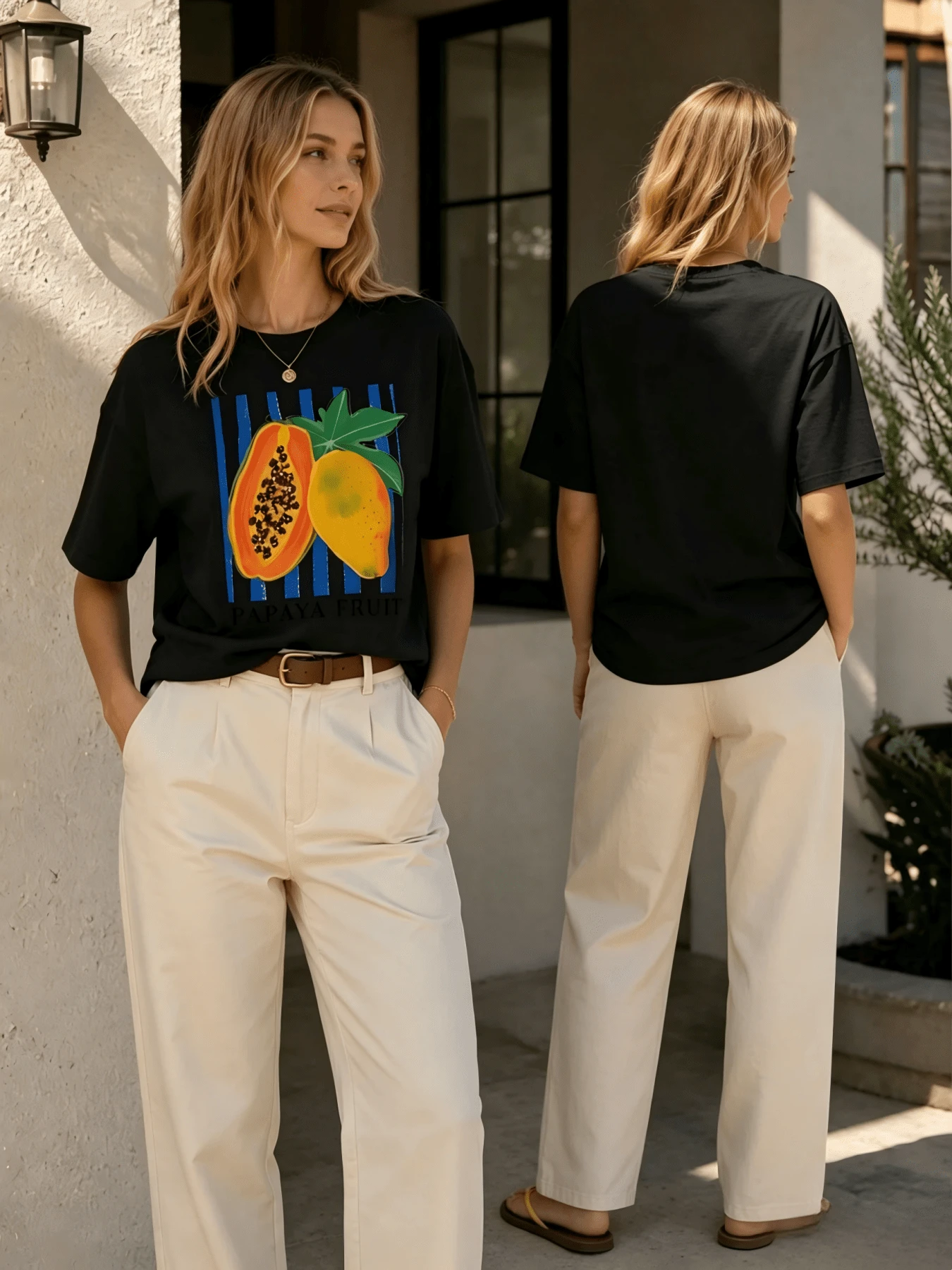 2026 Summer Women Round Neck Tee, Watercolor Papaya Mango Print, Soft Breathable Casual Top Daily Vacation, Free Shipping Ship In 24H. - 黑色 - 查看 1