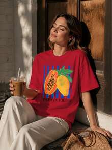 2026 Summer Women Round Neck Tee, Watercolor Papaya Mango Print, Soft Breathable Casual Top Daily Vacation, Free Shipping Ship In 24H. - 紅色 - 查看 13