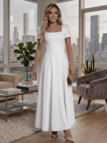 Long Dress With Short Sleeves, Square Neckline, Solid Color, Elegant, Sizes S M L - trắng - Xem 5
