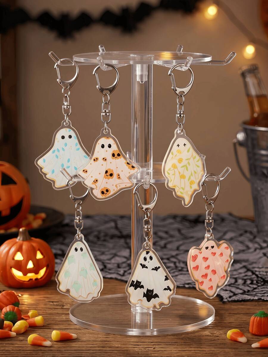 4/2PcsHalloween Ghost Acrylic Keychains, Cute Pattern Ghost‑Shaped Key Chain Pendants, Bag Charms Ornaments, Holiday Party Favor Gifts, Car Key Accessories For Backpack Handbag Decor - Multicolor - View 1