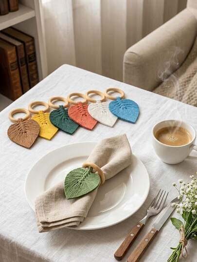 4pcs/2pcs Bohemian Style Handmade Woven Restaurant Napkin Rings, Leaf Napkin Rings Wooden Ring Hanging Decor Suitable For Kitchen, Restaurant Napkin Storage, Hotel Napkin Storage