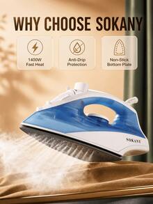 SOKANY 1400W Fast Heating Steam Iron, 170ML Large Water Tank, Ceramic Non-Stick Soleplate Anti-Drip Adjustable Steam Iron, Suitable For All Fabrics Home Use - Baby Blue - View 6
