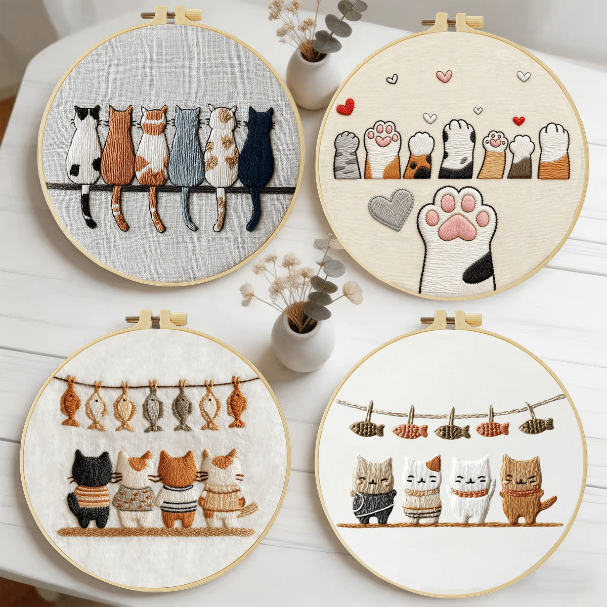 1組手工DIY刺繡套件 20x20cm/7.9x7.9英吋 書本貓咪圖案，含刺繡布、使用說明書、刺繡框、針與線，適合節日送給朋友或家人的禮物，家具與辦公室手工藝術品