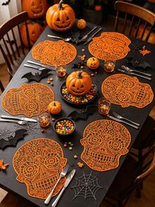 1-4 Stücke orangefarbene Totenkopf-Tischsets, dunkler gotischer Stil, weiches PVC, Cut Out geschnitztes Totenkopf-Design, waschbar, rutschfest, geeignet für Halloween / Tag der Toten Tischdekoration - Verschiedenfarbig - Übersicht 9