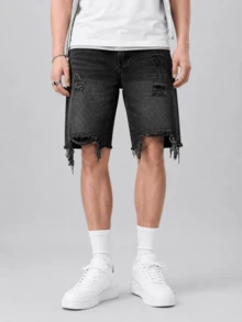 Celana Pendek Denim Tipis Pria Ringan Model Terbaru untuk Musim Panas dengan Tampilan Usang - Hitam - View 1