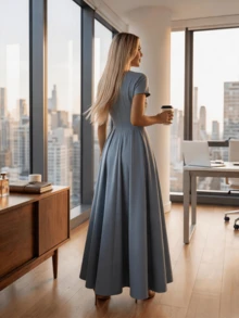 Long Dress With Short Sleeves, Square Neckline, Solid Color, Elegant, Sizes S M L - 灰色 - 查看 3