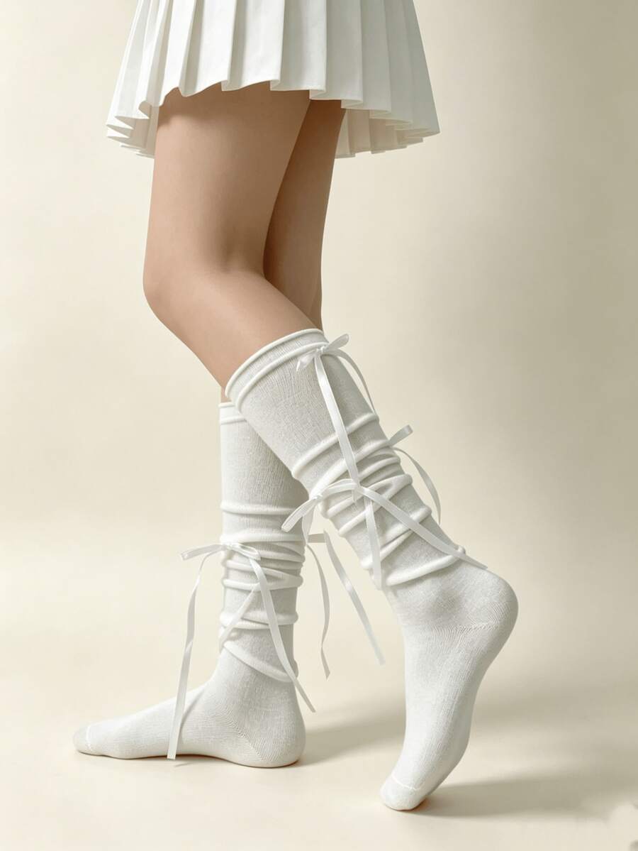 1/4 Pair Spring/Summer Thin Ballet Style Sweet Girl Bowknot Slouchy Knee-High Socks - Multicolor - View 1