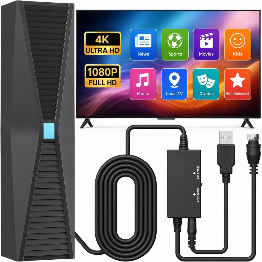 Balabaxer TV Antenna For Smart & Old TVs, Indoor Digital HD Antenna 4K 1080P Support, 360° Long Range Reception, VHF UHF Signal Booster, High Gain Amplified HDTV Antenna - Black - View 1