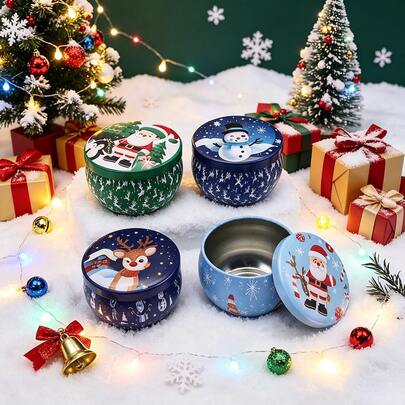 16pcs Christmas Printed Empty Metal Candle Tins With Lids, Random Christmas Pattern Candle Tins (Candles Not Included), Multi-Purpose DIY Candle Making Containers, Suitable For Holiday Tabletop Decor, Winter Home Decor, Christmas Handmade Gifts And Small Item Storage