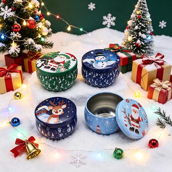 16 piezas de latas de metal vacías con tapas con estampado navideño, latas de velas con patrón navideño aleatorio (velas no incluidas), recipientes multiusos para hacer velas DIY, adecuados para decoración de mesa navideña, decoración del hogar de invierno, regalos navideños hechos a mano y almacenamiento de artículos pequeños